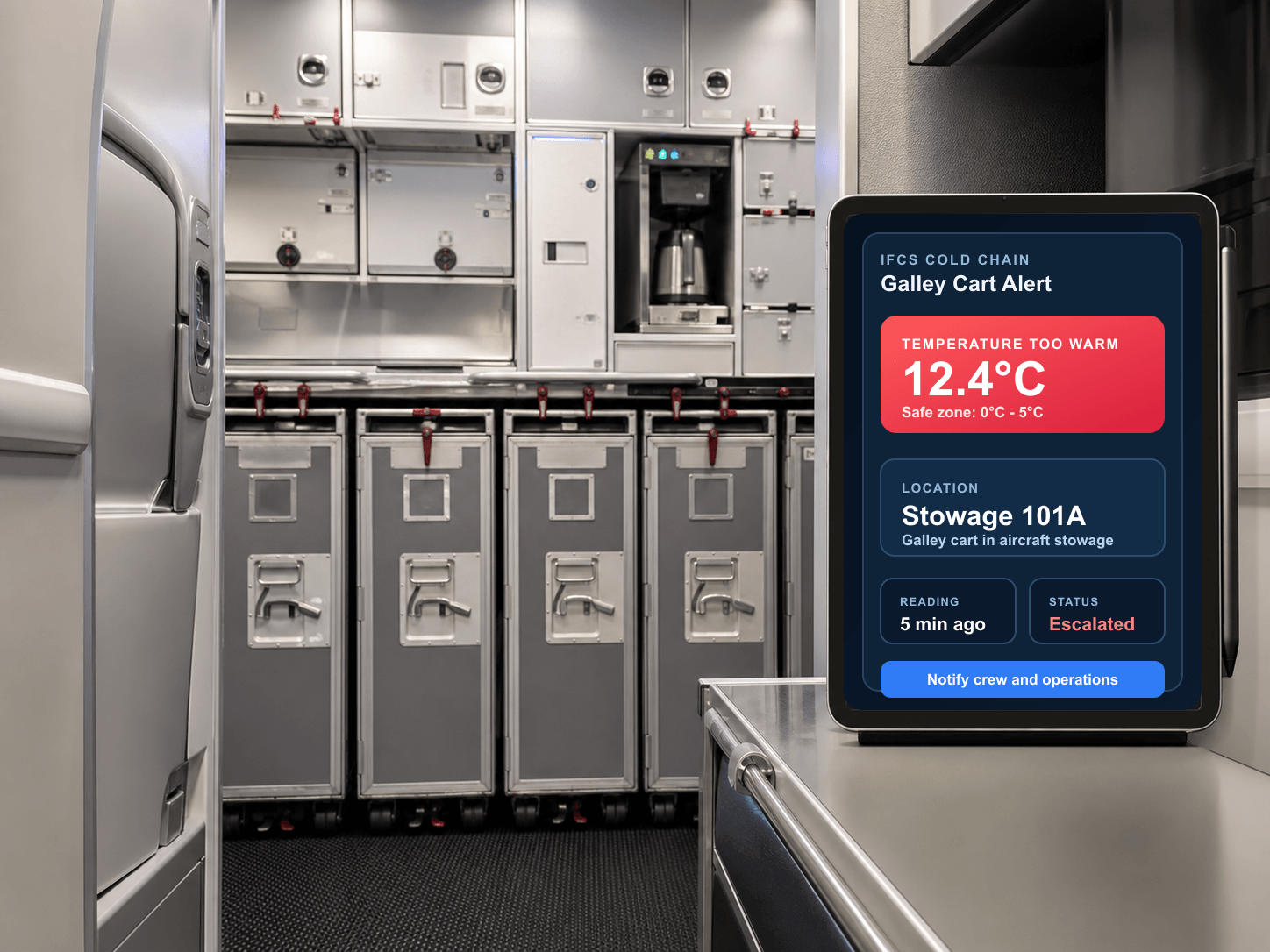 Aircraft galley carts stowed onboard with an iPad alert showing Galley Cart stowage position 101A is too warm