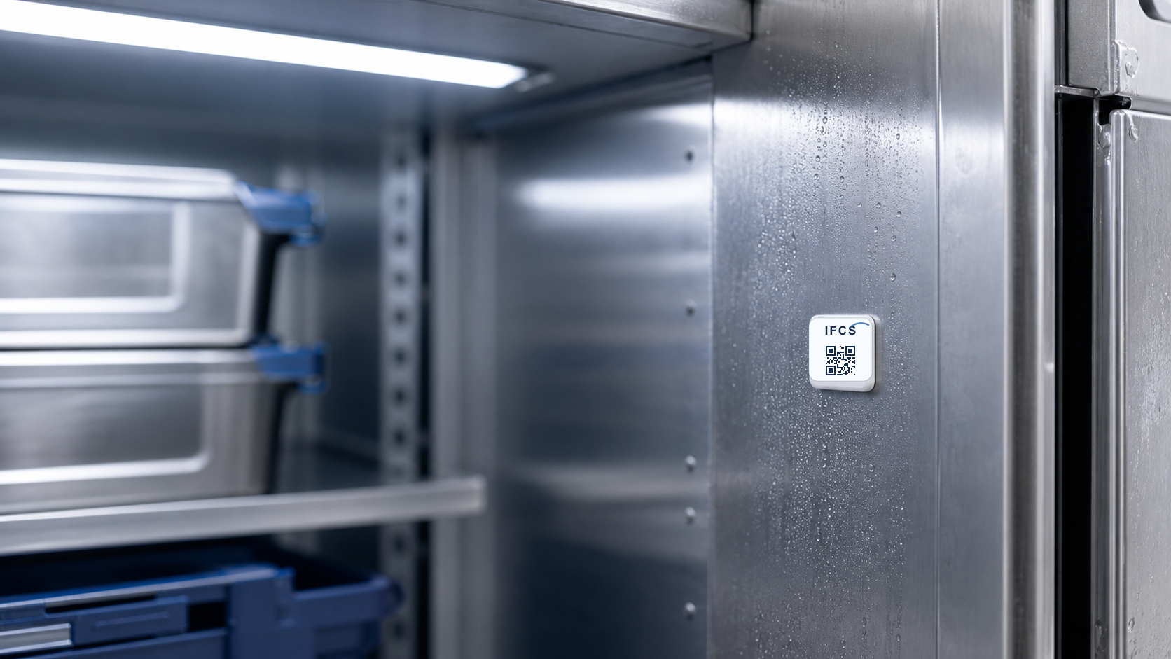 Small adhesive IFCS Sticky Sensor with IFCS logo and QR code for aviation food cart monitoring