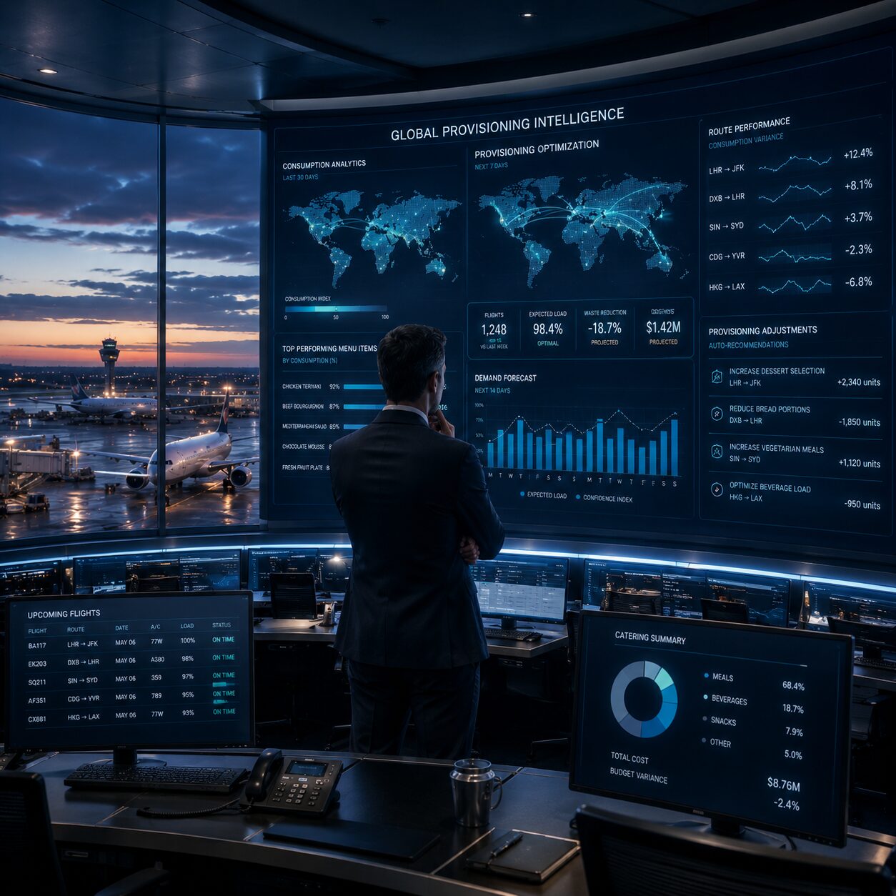 Operations manager reviewing Galley Xᴬᴵ global provisioning intelligence dashboard at dusk over an airport apron