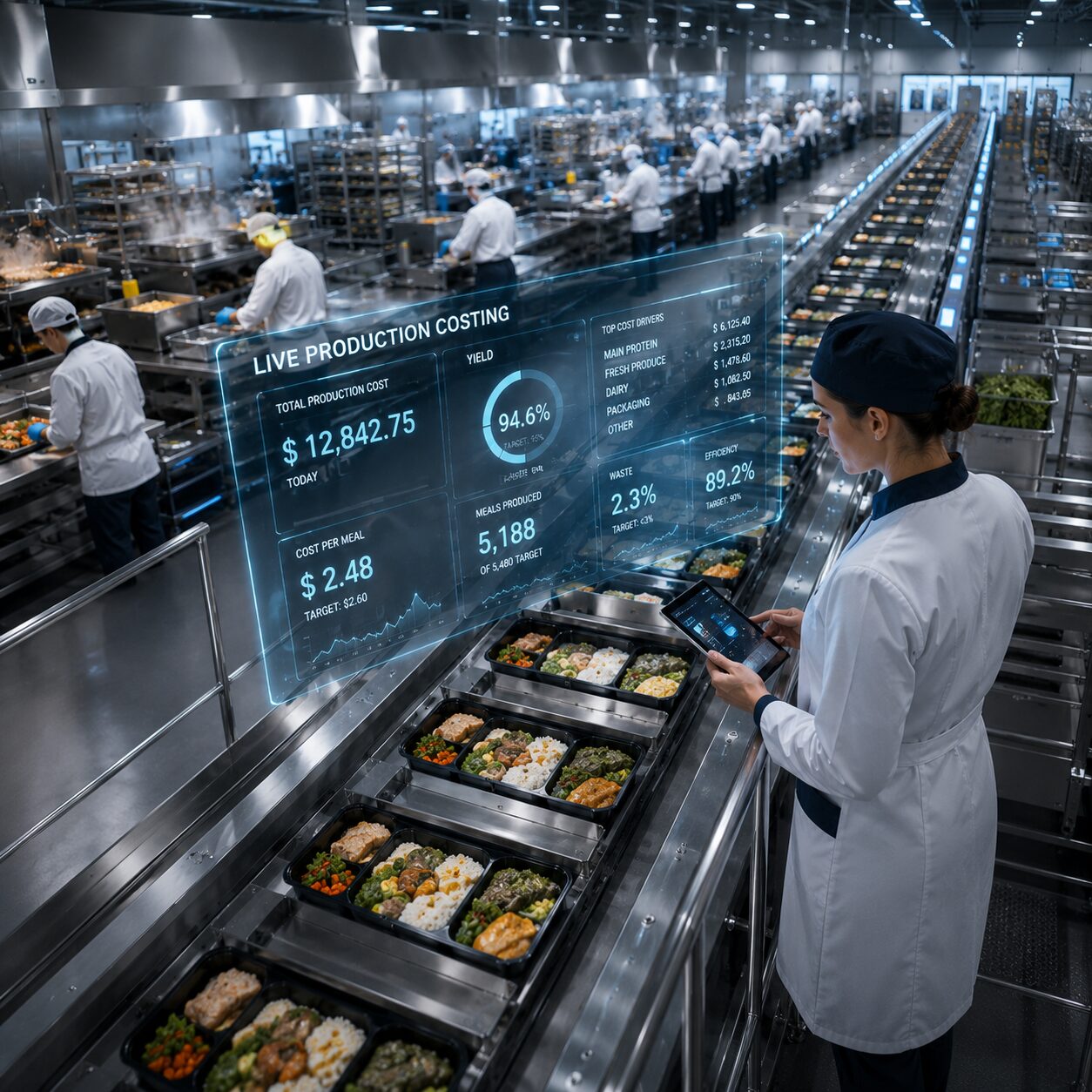 Galley Xᴬᴵ live production costing dashboard overlaid on an aviation catering kitchen line
