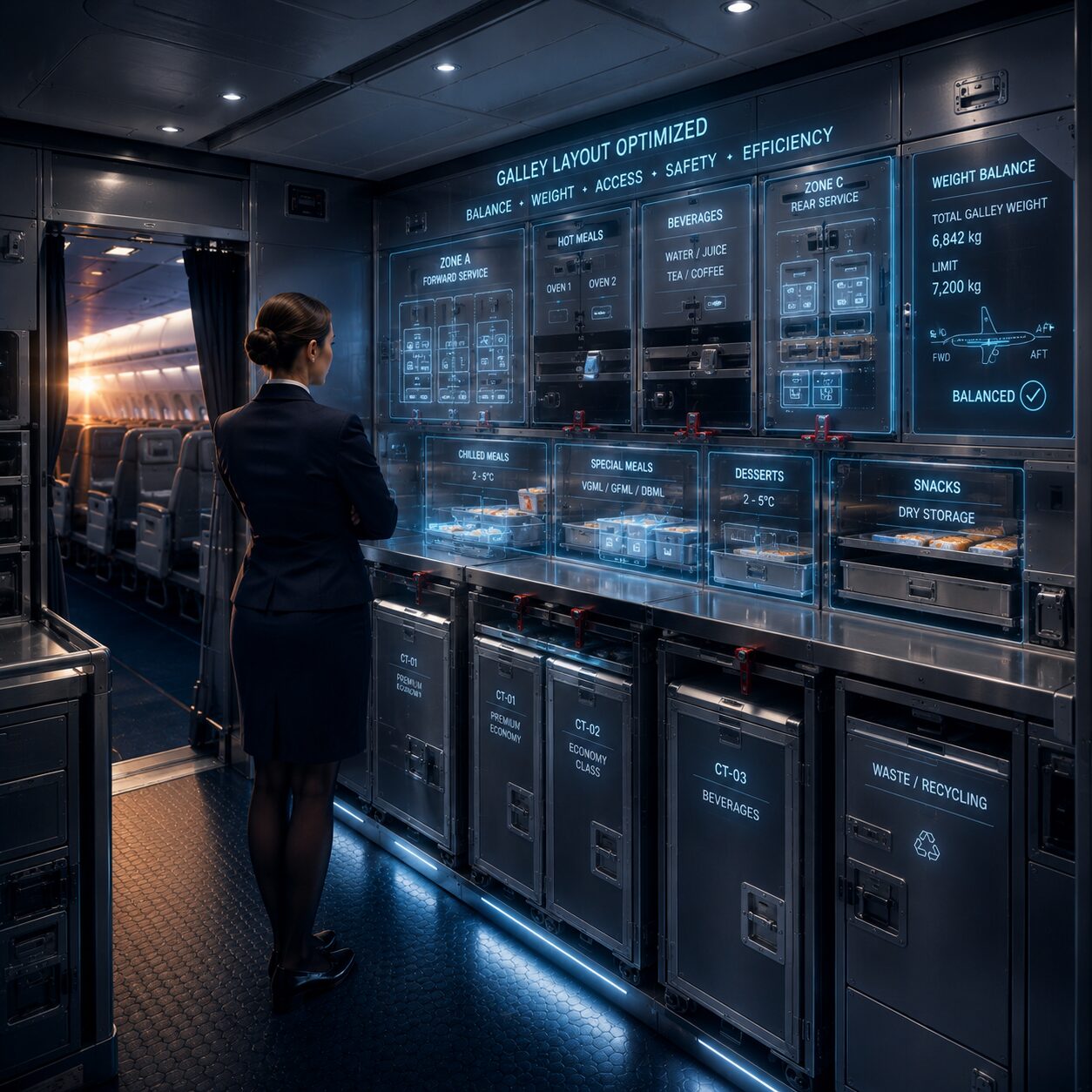 Cabin crew reviewing illuminated Galley Xᴬᴵ galley layout diagram aboard an aircraft