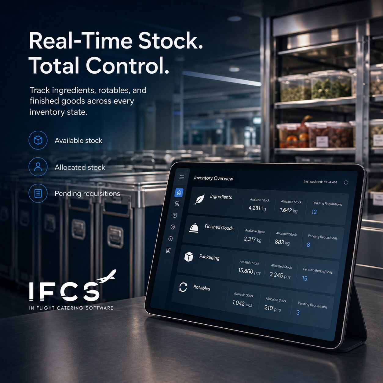Galley Xᴬᴵ inventory overview tablet showing ingredient and rotables stock in a catering kitchen