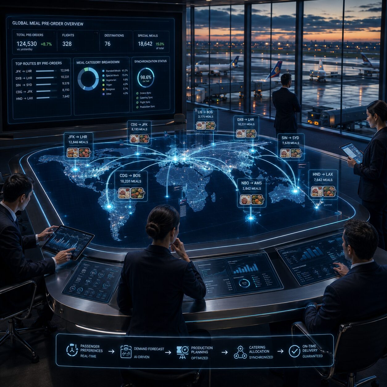 Operations team reviewing global meal pre-order routing on a Galley Xᴬᴵ command center display