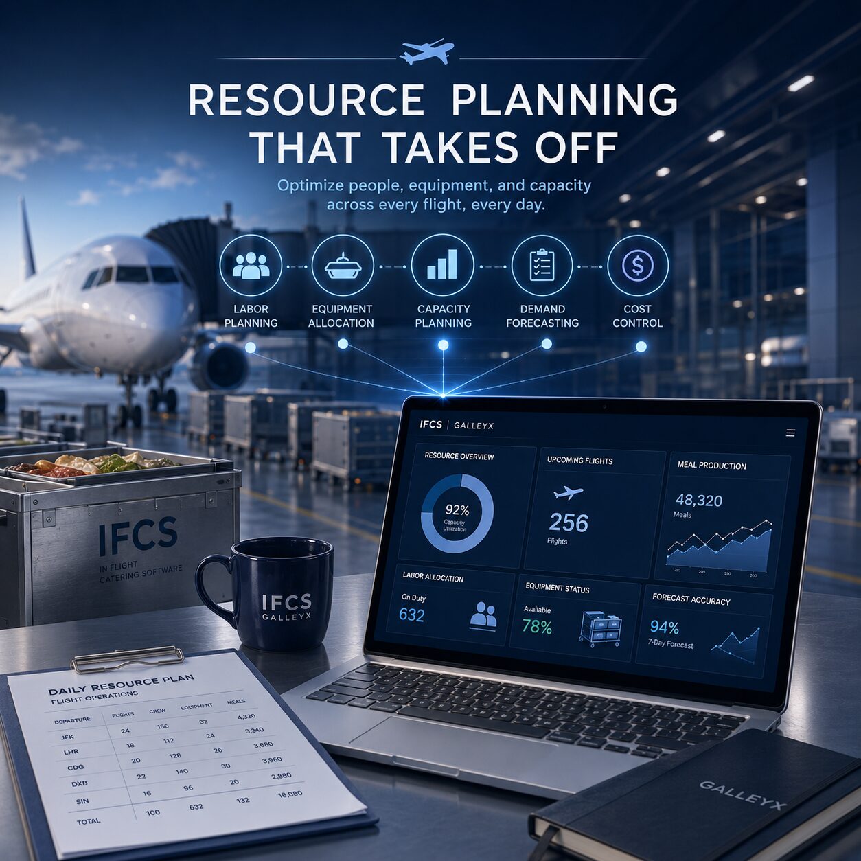Galley Xᴬᴵ resource planning dashboard with daily flight operations summary on a laptop in front of an aircraft